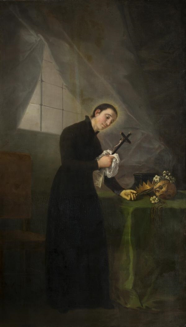 Pintura de Goya: São Luís Gonzaga de batina e sobrepeliz, com lírio e crucifixo