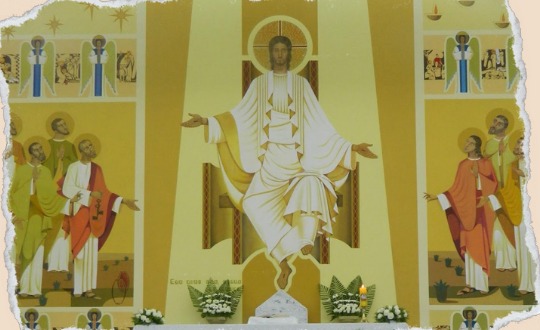 Painel frontal: Jesus no Trono Divino com apóstolos, em Pentecoste