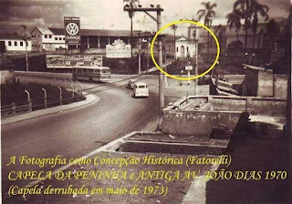A Capela da Penhinha, circulada, junto à antiga Av. João Dias em 1970